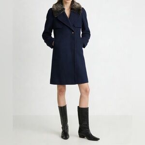 Miss Viola Navy Wool Blend Coat with Faux Fur Collar Size S
